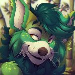  1:1 anthro blue_body blue_fur brown_nose canid canine canis fur green_arm green_body green_fur green_hair hair hi_res hybrid icon looking_at_another male mammal portrait smile solo tazara wolf yellow_body yellow_fur 