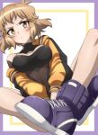  1girl blush border breasts brown_eyes brown_hair cleavage closed_mouth collarbone eyebrows_visible_through_hair hair_ornament hairclip highres jacket medium_breasts purple_border senki_zesshou_symphogear shiny shiny_hair shiny_skin short_hair simple_background solo tachibana_hibiki_(symphogear) track_jacket white_background yukitsuba_hina 