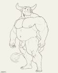  4:5 anthro balls belly biceps bovid bovine butt cattle chubby_male feet genitals hi_res horn male mammal musclegut muscular muscular_anthro muscular_male nipples papyreit pecs penis slightly_chubby solo 