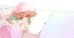  1girl bangs blush chino_machiko colored_inner_hair eyebrows_visible_through_hair green_hair hair_behind_ear hat heart hololive hololive_english looking_to_the_side multicolored_hair official_art open_mouth orange_hair pajamas pillow pink_headwear purple_eyes solo takanashi_kiara under_covers virtual_youtuber 