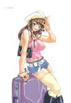  1girl arm_up bag belt black_footwear boots bracelet breasts briefcase brown_hair cowboy_hat dated earrings feet_out_of_frame handbag hat highres hoop_earrings jewelry large_breasts long_hair looking_at_viewer luggage midriff original page_number ring shiny shiny_skin shorts simple_background solo thighhighs umetsu_yukinori waving_arm white_background yellow_legwear 