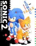  2boys :d animal_ears animal_nose blue_eyes blue_fur character_name closed_mouth copyright_name fox_boy fox_ears full_body furry gloves green_eyes hedgehog_ears male_focus misuta710 multiple_boys multiple_tails open_mouth red_footwear smile sonic sonic_the_hedgehog sonic_the_hedgehog_(film) sonic_the_hedgehog_2 standing tail tails_(sonic) two_tails white_gloves yellow_fur 