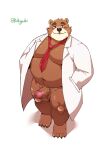  2021 absurd_res anthro blush brown_body brown_fur clothed clothing erection fur genitals hi_res jumperbear kemono male mammal necktie open_clothing open_shirt open_topwear overweight overweight_anthro overweight_male penis shirt simple_background solo topwear ursid white_background 