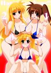  2021 3girls ;d arm_around_shoulder asymmetrical_bangs asymmetrical_docking background_text bangs bikini black_bikini blonde_hair blue_bikini blue_eyes blue_ribbon blush breast_press breasts brown_hair cleavage commentary english_text engo_(aquawatery) eyebrows_visible_through_hair family fate_testarossa gradient gradient_background green_eyes grin hair_ribbon hair_tie happy_new_year heterochromia highres index_finger_raised large_breasts leaning_forward looking_at_viewer lyrical_nanoha mahou_shoujo_lyrical_nanoha_vivid mother_and_daughter multiple_girls navel new_year ok_sign one_eye_closed open_mouth orange_hair red_background red_eyes ribbon side_ponytail sitting smile standing string_bikini swimsuit takamachi_nanoha v vivio wife_and_wife yellow_background 