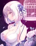  1girl azur_lane bangs birdcage breasts cage cleavage commentary_request dress eyebrows_visible_through_hair flower flower-trimmed_dress flower_trim hair_flower hair_ornament halter_dress halterneck itoichi. large_breasts looking_away official_alternate_costume petals profile red_eyes rose rose_petals sapphire_(gemstone) short_hair sirius_(azur_lane) sirius_(white_rose)_(azur_lane) solo white_dress white_flower white_hair white_rose 