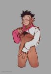 absurd_res anthro blush bottomless brown_body brown_eyes brown_fur chest_markings clothed clothing covering covering_crotch crop_top fur haplorhine hi_res kito_(kitodiet) krameria long_sleeves male mammal markings mohawk monkey pink_clothing pink_sweater pink_topwear primate shirt solo sweater topwear 
