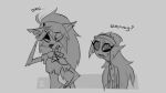  16:9 anthro avian bird canid canid_demon clothed clothing crown demon duo english_text female grey_background hat headgear headwear hellhound helluva_boss loona_(vivzmind) mammal monochrome octavia_(vivzmind) owl reaction_image satorrotas signature simple_background text widescreen 