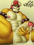  2019 abs anthro armband balls bodily_fluids bowser clenched_teeth collar darksideofdiscovery dripping foreskin genital_fluids genitals hair horn humanoid_genitalia humanoid_penis koopa male mario_bros masturbation muscular muscular_anthro muscular_male nintendo nipples nude pecs penile penile_masturbation penis pink_nipples precum precum_drip red_hair scales scalie simple_background solo spiked_armband spiked_collar spikes teeth uncut video_games yellow_body yellow_scales 