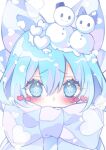  1girl blue_bow blue_eyes blue_hair blush bow cirno commentary covered_mouth hair_between_eyes hair_bow heart highres kyouda_suzuka looking_at_viewer object_on_head portrait scarf scarf_bow short_hair simple_background snow_on_head snowflakes snowman snowman_on_head solo symbol-shaped_pupils touhou twitter_username upper_body white_background white_scarf 