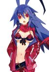  1girl absurdres antenna_hair belt bikini bikini_top blue_hair breasts commentary_request disgaea disgaea_d2 eyebrows_visible_through_hair fang flame_print genderswap genderswap_(mtf) hair_between_eyes hands_in_pockets highres jacket laharl laharl-chan long_hair looking_at_viewer makai_senki_disgaea miyakawa106 navel open_mouth pointy_ears red_bikini red_eyes red_jacket scarf solo swimsuit 