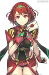  1girl breasts earrings gloves gofelem jewelry large_breasts letter pyra_(xenoblade) red_eyes red_hair short_hair simple_background skindentation solo super_smash_bros. white_background xenoblade_chronicles_(series) xenoblade_chronicles_2 