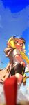  1girl ass bike_shorts blonde_hair blue_sky breasts brown_cape cape domino_mask english_text from_side gun highres inkling kashu_(hizake) looking_to_the_side mask pointy_ears shirt sky small_breasts splatoon_(series) splatoon_3 sunglasses t-shirt tentacle_hair title weapon yellow_eyes 