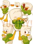  3:4 anatid anseriform anthro avian bird blush bottomless burrito clothed clothing disney duck ducktales ducktales_(2017) food grape hi_res hoodie hot_dog louie_duck male pizza solo text topwear 