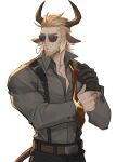  1boy amo9612 arknights bara beard belt blonde_hair cow_boy earrings eurill_pides_(arknights) facial_hair gloves gloves_removed highres horns jewelry long_sleeves male_focus manly mature_male muscular muscular_male necktie pants smile solo sunglasses teeth white_background 