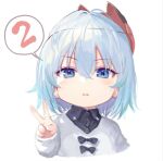  1girl black_bow black_shirt blue_eyes blue_hair bow child collared_shirt hair_between_eyes hand_up looking_at_viewer mask mask_on_head medium_hair parted_lips ryuuou_no_oshigoto! shirabi shirt simple_background solo sora_ginko spoken_number sweater upper_body v white_background white_sweater wing_collar younger 