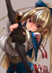  1girl absurdres aiming_at_viewer arrow_(projectile) black_gloves blonde_hair blurry blurry_foreground bow_(weapon) breasts dark_elf dark_skin dark_skinned_female detached_sleeves dress elf expressionless fingerless_gloves foreshortening gloves grey_background hair_between_eyes highres hololive hololive_alternative kionaisiteru large_breasts layered_dress leaning_to_the_side long_hair looking_at_viewer multicolored_hair pointy_ears ponytail red_eyes shiranui_flare simple_background solo streaked_hair underbust very_long_hair weapon 