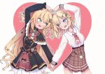  2girls :d akai_haato blonde_hair blue_eyes blush grey_background hair_ornament hairclip heart heart_arms_duo heart_background heart_hair_ornament holding_hands hololive hololive_english long_hair long_sleeves looking_at_another monocle_hair_ornament multiple_girls necktie open_mouth pocket_watch red_neckwear renpc ribbon short_hair smile twitter_username two_side_up virtual_youtuber watch watson_amelia 