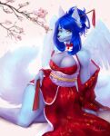  absurd_res annham anthro asian_clothing black_nose blue_body blue_eyes blue_fur blue_hair breasts canid canine clothing east_asian_clothing female flower fox front_view fur hair hi_res japanese_clothing kimono mammal plant red_clothing sitting solo solo_focus wings 