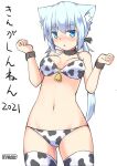  1girl 2021 animal_collar animal_ear_fluff animal_ears animal_print artist_logo artist_name bangs bell bikini black_ribbon blue_eyes blue_hair blush cat_ears chinese_zodiac collar commentary cow_print cowboy_shot eyebrows_visible_through_hair hair_ribbon happy_new_year highres koyuki_(pepatiku) long_hair looking_at_viewer low_twintails medium_hair navel new_year o-ring o-ring_bikini original parted_lips pepatiku print_bikini print_legwear ribbon sidelocks simple_background skindentation solo standing swimsuit thighhighs translated twintails w_arms white_background white_bikini white_legwear wristband year_of_the_ox 