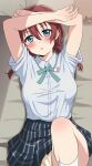  1girl :o arms_up bangs bed_sheet blue_eyes blush braid breasts brown_hair collared_shirt cowboy_shot emma_verde eyebrows_visible_through_hair freckles from_above green_neckwear grey_skirt hair_between_eyes highres knee_up large_breasts long_hair looking_at_viewer looking_up love_live! love_live!_nijigasaki_high_school_idol_club low_twintails lying neck_ribbon nijigasaki_academy_uniform on_back on_bed open_mouth panties pantyshot pillow pink_lips plaid plaid_skirt pleated_skirt ribbon school_uniform shadow shirt short_sleeves skirt socks solo summer_uniform trg-_(sain) twin_braids twintails underwear white_legwear white_panties white_shirt 