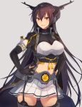  1girl black_gloves breasts brown_hair elbow_gloves garter_belt gloves hair_between_eyes hands_on_hips highres kantai_collection kasumi_(skchkko) large_breasts long_hair looking_at_viewer midriff miniskirt nagato_(kancolle) navel parted_lips partially_fingerless_gloves puffy_short_sleeves puffy_sleeves red_eyes short_sleeves skirt smile solo tassel thighhighs very_long_hair white_skirt zettai_ryouiki 