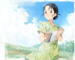  1girl black_hair blue_sky border brown_eyes closed_mouth clothes_lift cloud cloudy_sky collarbone colored_pencil day dress eyelashes facing_viewer floral_print flower green_dress green_flower hair_bun hands_up happy holding holding_notebook holding_pencil kono_sekai_no_katasumi_ni light_blush light_smile looking_afar mole mole_under_mouth notebook outdoors pencil riru short_sleeves skirt skirt_lift sky solo standing tied_hair upper_body urano_suzu white_border 