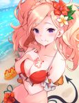  1girl :t amira_(shingeki_no_bahamut) bangs bare_shoulders bikini braid breasts cleavage closed_mouth collarbone commentary_request day demon_tail eyebrows_visible_through_hair face flower food food_on_breasts food_on_face granblue_fantasy hair_flower hair_ornament hairclip heart highres holding holding_food horizon light_brown_hair looking_at_viewer medium_breasts ocean outdoors pilokey purple_eyes red_bikini red_flower solo swept_bangs swimsuit tail twintails water white_flower x_hair_ornament 