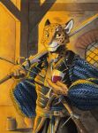  0laffson 5_fingers anthro armor cheetah clothed clothing felid feline fingers holding_object holding_sword holding_weapon male mammal melee_weapon orange_eyes smile solo sword weapon 