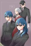  2boys 2girls alternate_costume black_hair blue_eyes blue_hair byleth_(fire_emblem) byleth_(fire_emblem)_(female) byleth_(fire_emblem)_(male) closed_eyes closed_mouth dress edelgard_von_hresvelg fire_emblem fire_emblem:_three_houses formal gloves hair_over_one_eye hubert_von_vestra long_sleeves multiple_boys multiple_girls necktie robaco short_hair simple_background suit sunglasses white_gloves white_hair 