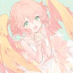  1girl :d angel_wings bare_shoulders bird_wings blush collarbone dress feathered_wings feathers green_eyes hair_between_eyes hands_clasped hands_together harpy_(puyopuyo) head_wings highres interlocked_fingers looking_at_viewer musical_note open_mouth own_hands_together pink_hair puyopuyo sansaro_rii short_hair simple_background sleeveless sleeveless_dress smile solo white_wings wings 