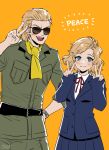  1boy 1girl :d belt blonde_hair blue_eyes blush breast_pocket collared_shirt double_v hand_on_hip head_tilt kazuhira_miller looking_at_viewer metal_gear_(series) metal_gear_solid_peace_walker neck_ribbon noriuma open_mouth orange_background paz_ortega_andrade pocket red_ribbon ribbon shirt short_hair signature sleeves_past_wrists smile sunglasses v watch wavy_hair white_shirt yellow_neckwear 