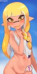  1girl ? blonde_hair blue_background blush bottomless braid commentary_request domino_mask fangs gradient gradient_background groin highres index_finger_raised inkling jtveemo long_hair looking_at_viewer mask mole mole_under_mouth navel pointy_ears shirt single_braid solo splatoon_(series) splatoon_3 spoken_question_mark sweat tentacle_hair torn_clothes torn_shirt twitter_username yellow_eyes 