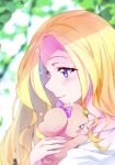  1girl animal blonde_hair blurry blurry_background blush closed_mouth collarbone fuurin_asumi hair_intakes healin&#039;_good_precure highres holding holding_animal kyoutsuugengo latte_(precure) long_hair precure purple_eyes shiny shiny_hair smile tears upper_body 
