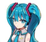  1girl bangs blue_eyes blue_hair blue_neckwear collared_shirt eyebrows_visible_through_hair floating_hair grey_shirt hair_between_eyes hatsune_miku long_hair macha_3939 necktie shiny shiny_hair shirt sketch sleeveless sleeveless_shirt solo twintails upper_body very_long_hair vocaloid wing_collar 