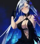  1girl bangs bare_shoulders blue_hair breasts brynhildr_(fate) brynhildr_(swimsuit_berserker)_(fate) collarbone dress_swimsuit fate/grand_order fate_(series) flower gloves hair_flower hair_ornament highres large_breasts long_hair mori_yashiro_(konkon_oyashiro) multicolored_hair navel purple_eyes purple_flower purple_rose rose smile starry_background swimsuit two-tone_hair very_long_hair 