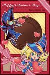  1boy 1girl artist_name blonde_hair blue_eyes blue_footwear blush_stickers boots card_(medium) colored_skin commentary dark_magician dark_magician_girl dated duel_monster green_eyes green_skin hair_between_eyes happy_valentine hat heart highres holding holding_staff long_hair looking_at_viewer open_mouth outline smile soya_(sys_ygo) staff valentine wizard_hat yu-gi-oh! 