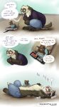  2021 anthro ashley_(themuffinly) belly_rub blush comic domestic_ferret english_text female male mammal mouse muffin_(themuffinly) murid murine mustela mustelid musteline nintendo nintendo_entertainment_system rodent size_difference sweet_and_savory text themuffinly video_games 