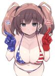  1girl alternate_costume american_flag_bikini atlanta_(kancolle) bangs bare_arms bare_shoulders bikini blue_gloves blush breasts brown_hair cleavage collarbone commentary_request cowboy_shot earrings eyebrows_visible_through_hair flag_print gloves grey_eyes halterneck index_finger_raised jewelry kantai_collection large_breasts long_hair looking_at_viewer navel odawara_hakone pointing pointing_up red_gloves simple_background single_earring skindentation solo star_(symbol) star_earrings striped striped_bikini swimsuit two_side_up white_background 