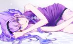  1girl bangs black_hairband braid collarbone dress eyebrows_visible_through_hair hair_between_eyes hairband hugtto!_precure kyoutsuugengo long_hair lying on_side open_mouth precure purple_dress purple_eyes purple_hair ruru_amour shiny shiny_hair short_dress sleeveless sleeveless_dress solo 