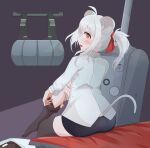  1girl absurdres animal_ears blush breasts daebom dressing ground_vehicle highres long_hair medium_breasts military military_vehicle motor_vehicle mouse_ears mouse_tail original panzerkampfwagen_viii_maus personification ponytail red_eyes sideboob solo tail tank white_hair 