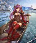  1girl 77gl armor armored_dress bangs boat breasts cleavage_cutout clothing_cutout day demon_horns eyepatch fingerless_gloves gloves high_heels horns large_breasts laura_(shadowverse) long_hair mountainous_horizon outdoors purple_hair red_eyes red_legwear shingeki_no_bahamut shoulder_armor sword thighhighs water watercraft weapon 