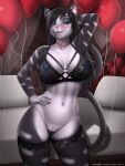  anthro balloon blue_eyes blue_nipples blush breasts clothed clothing collar domestic_cat felid feline felis female fexine_(luki-snowytail) fluffx hand_behind_head hand_on_hip hi_res lingerie mammal nipples panties patreon pussy_mound raised_arm skimpy smile solo underwear 