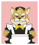  anthro blush canid canine canis clothed clothing crossdressing domestic_dog ear_piercing ear_ring facial_hair fur goatee gukibear live-a-hero maid_uniform male mammal mustache piercing procy scar short_stack solo uniform yellow_body yellow_fur 