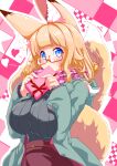  1girl amino_dopple animal_ears blonde_hair blue_coat blue_eyes blush box breast_squeeze breasts coat covered_mouth enpera fox_ears fox_tail gift gift_box glasses grey_sweater hands_up heart holding holding_gift honami_mikura_(amino_dopple) hooded_coat large_breasts long_sleeves looking_at_viewer open_clothes open_coat original pink_scarf red-framed_eyewear red_skirt ribbed_sweater scarf semi-rimless_eyewear skirt solo sweater tail under-rim_eyewear upper_body valentine 
