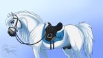  2018 absurd_res animal_genitalia balls black_balls blue_eyes bridle digital_media_(artwork) equid equine feral fully_sheathed fur genitals gradient_background hi_res horse jenery male mammal quadruped reins riche saddle sheath side_view simple_background solo white_body white_fur widescreen 