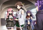  4girls :o arknights azur_lane bad_food bangs black_legwear black_shorts box breasts brown_hair crossover detached_sleeves ebizome gift gift_box girls_frontline green_skirt hair_bun hair_intakes hair_ornament hair_ribbon headgear headphones hibiscus_(arknights) hiei_(kancolle) highres holding holding_gift horns indoors jacket japanese_clothes k31_(girls_frontline) kantai_collection long_hair long_sleeves midriff mullany_(azur_lane) multiple_crossover multiple_girls navel nontraditional_miko off_shoulder open_mouth pantyhose pink_hair plaid plaid_skirt pointy_ears purple_eyes purple_hair ribbon ribbon-trimmed_sleeves ribbon_trim short_hair shorts sidelocks skirt sweat thigh_strap thighhighs tress_ribbon valentine wide_sleeves yellow_eyes 