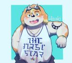  anthro blue_eyes blush canid canine canis clothing domestic_dog eyewear floppy_ears fur goggles hi_res hisaki_(live-a-hero) jewelry kpc_drawing99 live-a-hero male mammal multicolored_body multicolored_fur necklace shirt slightly_chubby solo tank_top tattoo topwear 