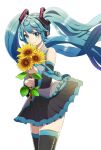  1girl bangs black_legwear black_skirt black_sleeves blue_eyes blue_hair bouquet closed_mouth cowboy_shot detached_sleeves eyebrows_visible_through_hair floating_hair flower grey_shirt hair_ornament hatsune_miku headphones highres holding holding_bouquet holding_flower long_hair long_sleeves macha_3939 miniskirt pleated_skirt shiny shiny_hair shirt skirt sleeveless sleeveless_shirt smile solo standing sunflower thighhighs twintails very_long_hair vocaloid yellow_flower zettai_ryouiki 