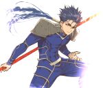  1boy abs armor blue_eyes commentary_request cowboy_shot cu_chulainn_(fate)_(all) dangle_earrings earrings fate/grand_order fate_(series) gae_bolg_(fate) h-y-d holding holding_spear holding_weapon jewelry lancer long_hair long_sleeves male_focus polearm ponytail red_eyes shoulder_armor simple_background smile solo spear spiked_hair weapon white_background 
