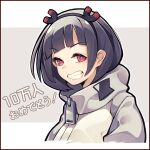  1girl bangs black_hair black_hairband cropped_torso hairband highres jitomi_monoe kerenmi looking_at_viewer magnet milestone_celebration red_eyes short_hair smile solo two-tone_jacket upper_body v-shaped_eyebrows virtual_youtuber voms 